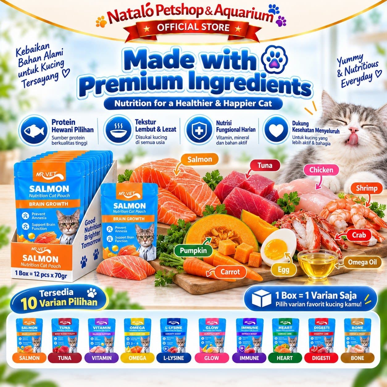 Mr. Vet Nutrition Cat Pouch All Life Stages Functional 1box (12pcs x 70gr) - Makanan Basah Saset Kucing Mr.Vet Semua Tahap Usia Fungsional Kesehatan - gambar 4