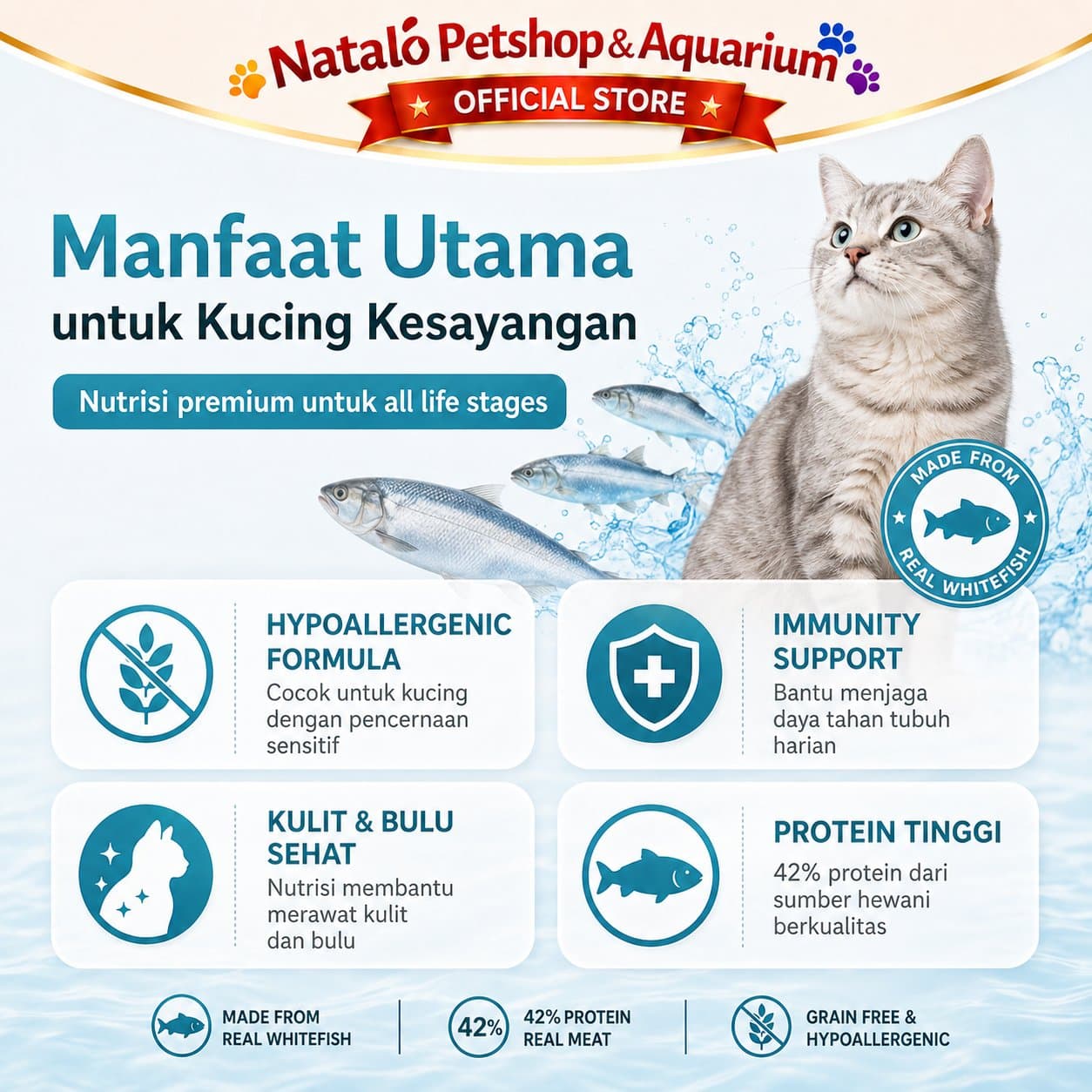 Nature Bridge Fresh Atlantic Whitefish 1.5KG All Life Stages Cat Food No Pork - Makanan Kucing Semua Umur Super Premium 1.5 KG Bebas Babi - gambar 2