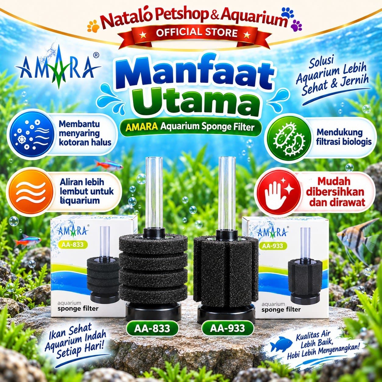 AMARA Aquarium Sponge Filter AA-833 / AA-933 - Biofoam Mini AA 833 933 Filter Aerator Aerasi Aquarium - gambar 2