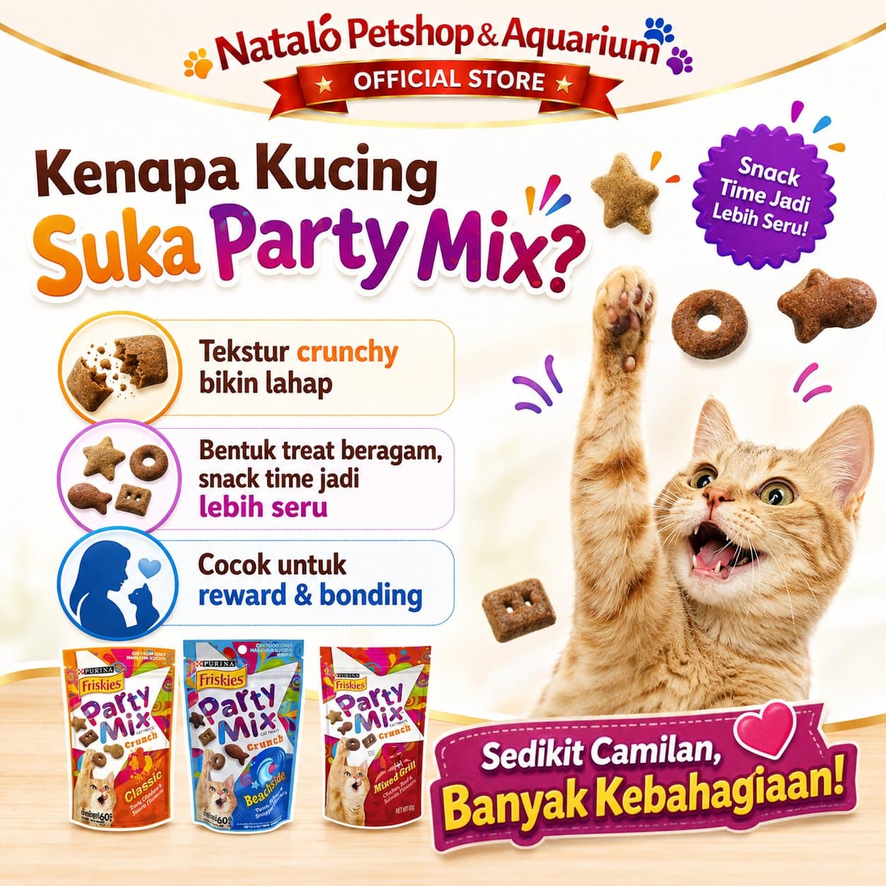 Friskies Party Mix 60GR Cat Treats - Snack Kucing Kering / Jajanan enak / Cemilan Treat Kering Kibble Kitten Adult - gambar 2