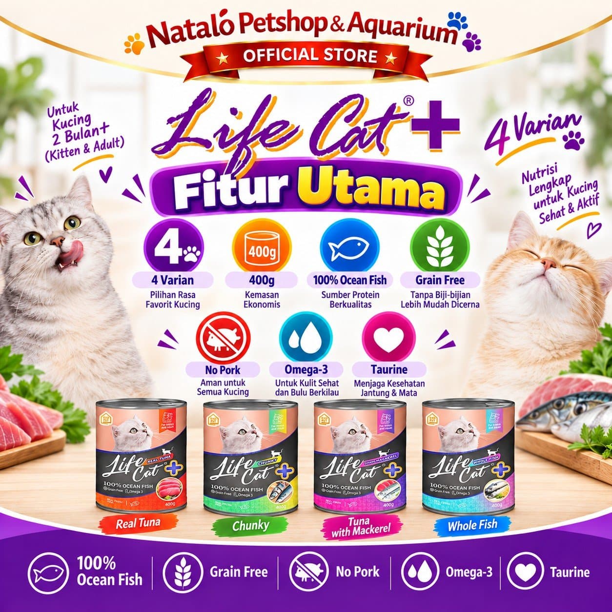 Life Cat Plus + 400GR Wet Cat Food for Kitten & Adult - Makanan Basah Kaleng Lifecat Kucing Semua Tahap Usia / Umur 400 GR - gambar 4