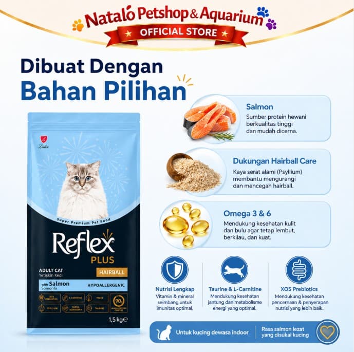 Reflex Plus Adult Cat Hairball & Indoor 1.5KG / Salmon Formula - Makanan Kucing Dewasa Super Premium rasa ikan - gambar 4