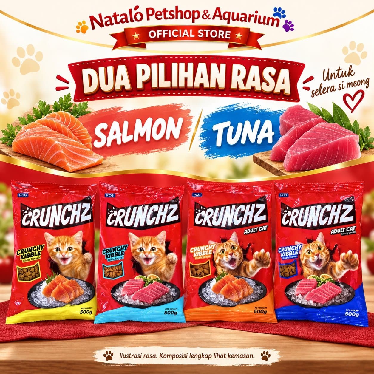 CRUNCHZ 500GR Dry Adult & Kitten Cat Food 500 GR Makananan Kucing Kering Dewasa Anak Murah Salmon Tuna Crunch Kibble Pelet Pakan Stray - gambar 3