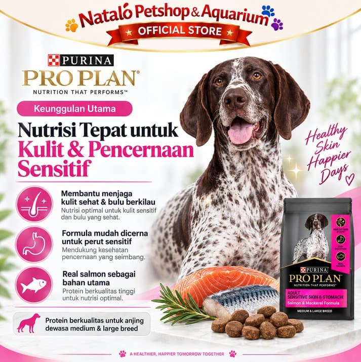 PRO PLAN Sensitive Skin Stomach 12KG Medium & Large Breed Adult Dog Food / Salmon & Mackerel Formula - Makanan Anjing Dewasa PROPLAN Ras Sedang Besar untuk Kulit dan Pencernaan 12 KG - gambar 2