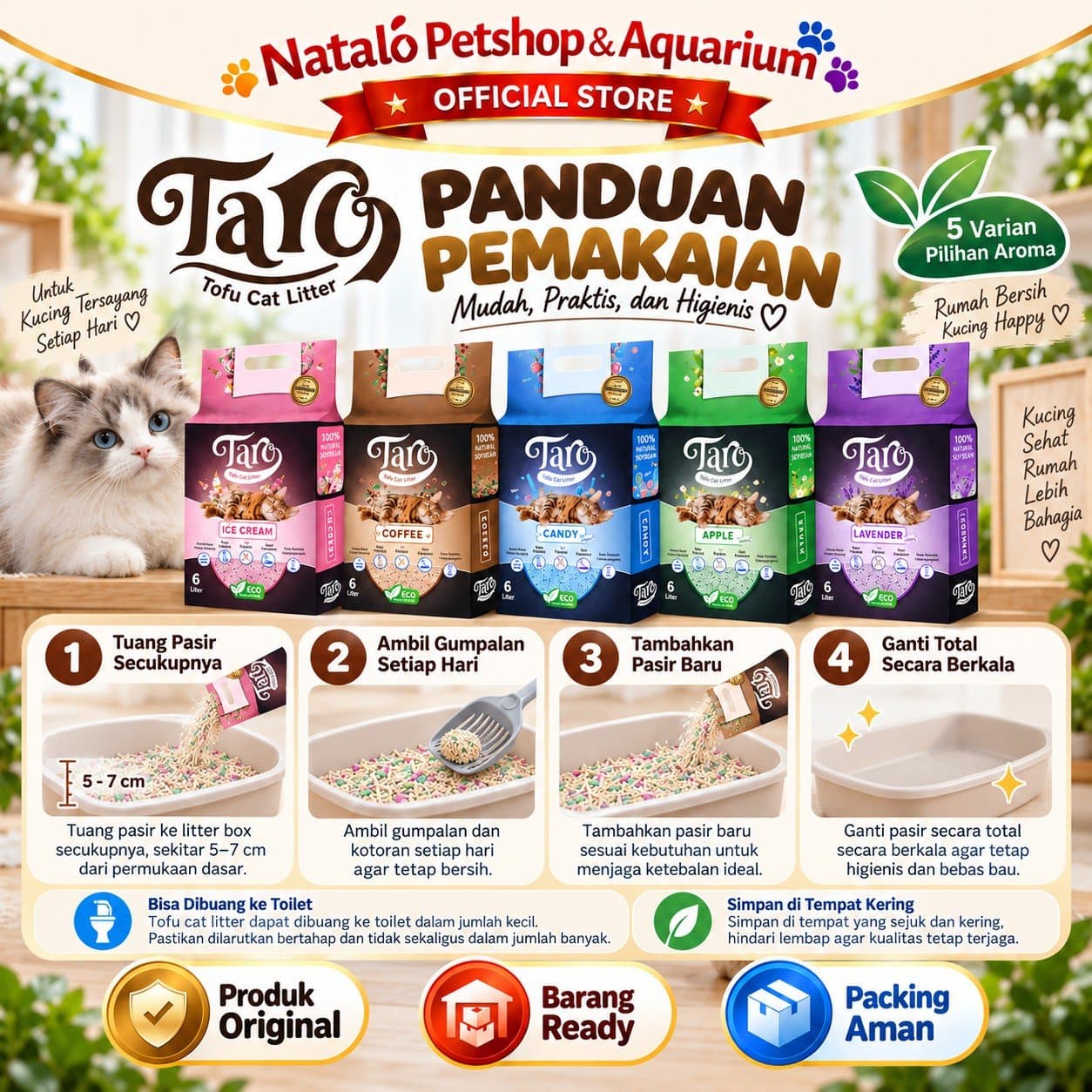 Taro Tofu Cat Litter 6LT Soya Clump 6 LT - Pasir Kucing terbuat dari Tahu Anti Debu - Gumpal Maximal Lembut Nyaman 6L 6 Liter Wangi - gambar 3