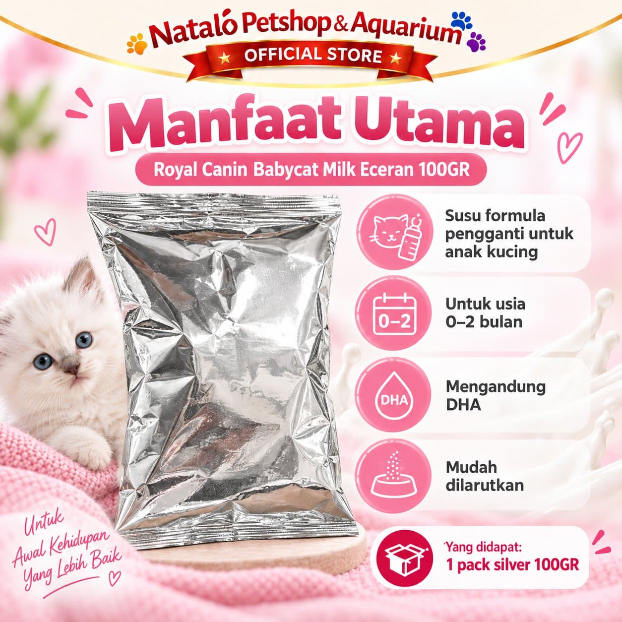 Royal Canin Babycat Milk 100 GR ECERAN Baby Cat - Susu Anak Kucing Original 1 PACK  100GR - gambar 2