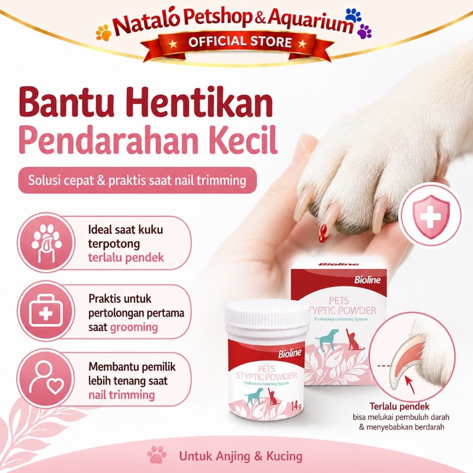 Bioline Pet Styptic Powder 14gr Bubuk Obat Penghenti Stop Darah Hewan Peliharaan Stop Bleeding Blood for Pet Kucing Anjing Kuku Berdarah Luka Cat Dog Kitten Puppy Adult Anak Dewasa - gambar 2