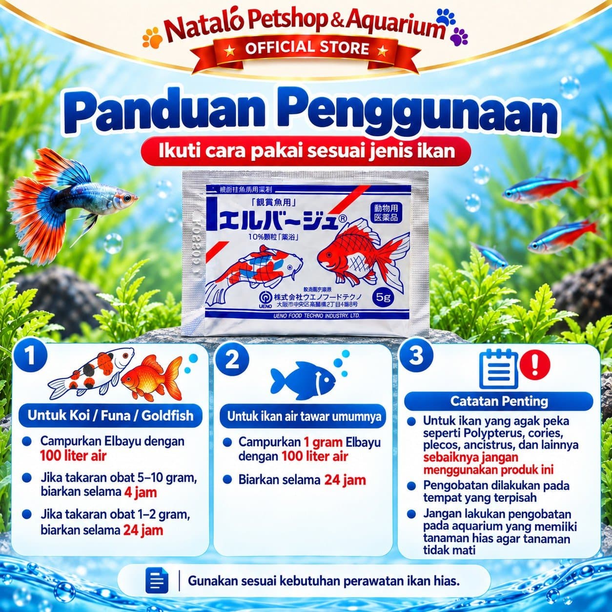 Elbayu / Elbayou 5 GR - Obat Perawatan / Karantina Ikan Hias Jepang Koi Koki Ikan Tawar 5 GRAM - gambar 3