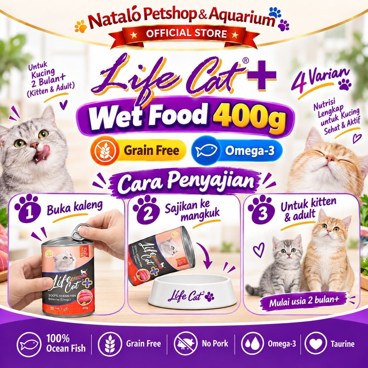 Life Cat Plus + 400GR Wet Cat Food for Kitten & Adult - Makanan Basah Kaleng Lifecat Kucing Semua Tahap Usia / Umur 400 GR - gambar 3