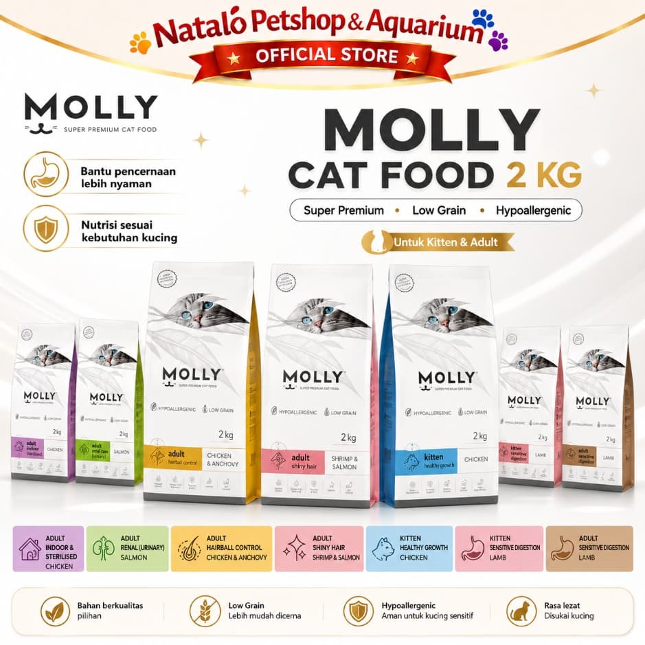 Molly Cat Food 2KG Super Premium Dry Food - Makanan Kucing Kering 2 KG Adult Kitten Chicken Salmon Lamb Urinary Mother Baby Hairball Indoor Sensitive Digestion - gambar 1