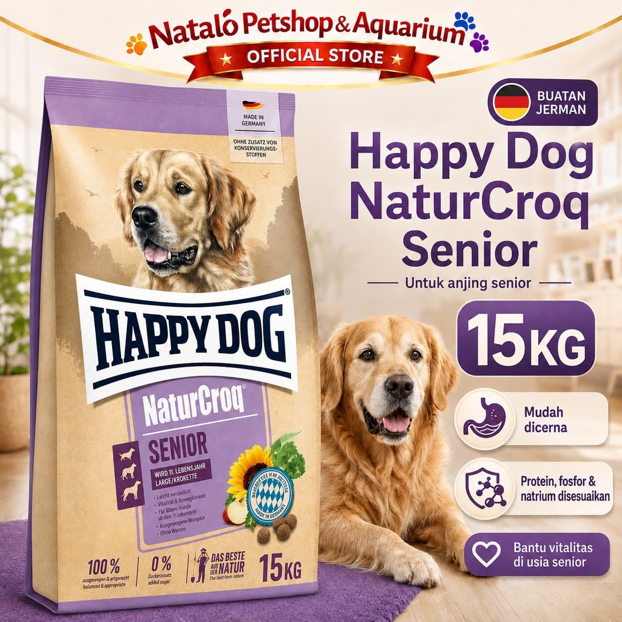 Happy Dog NaturCroq Senior 15KG Medium Large Breed Dog Food - Makanan Anjing Tua / Berumur Ras Besar 15 KG - gambar 1