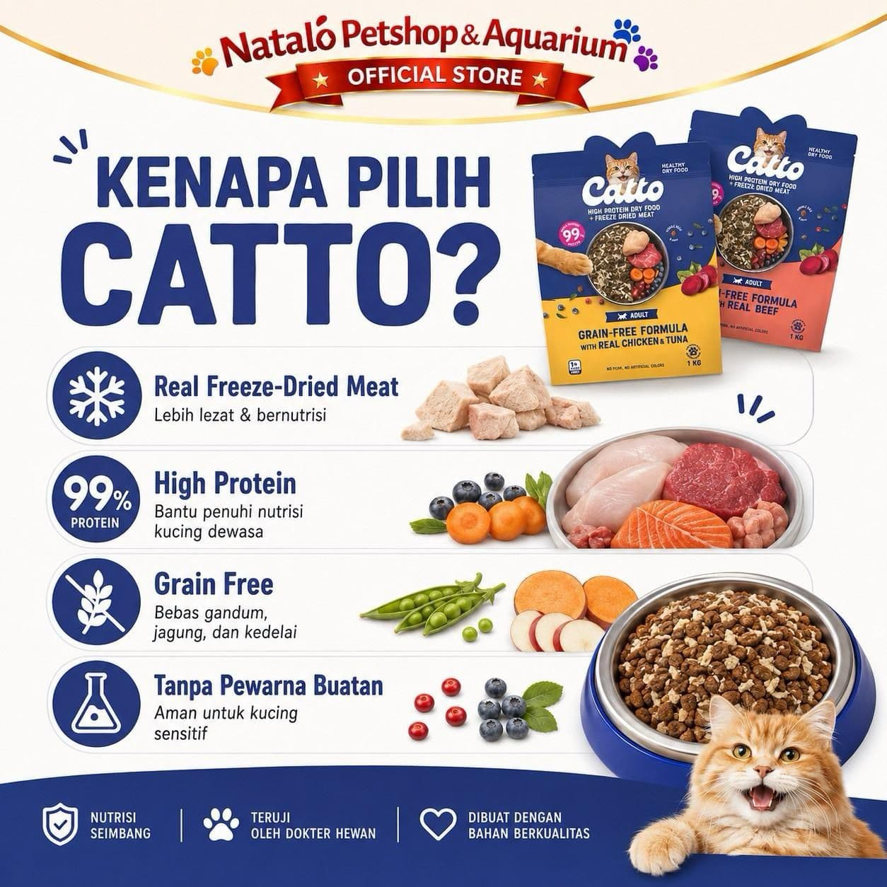 Catto High Protein Dry Adult Cat Food + Freeze Dried Meat Grain Free Formula 400GR - Makanan Kering Kucing Dewasa Premium 400GR - gambar 2