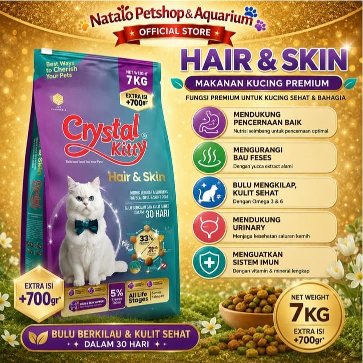Crystal Kitty Hair Skin 7KG + Extra 700GR - Premium Cat Food Beauty Care Makanan Kucing Bulu Lebat Berkilau / Pakan Pelet - gambar 1