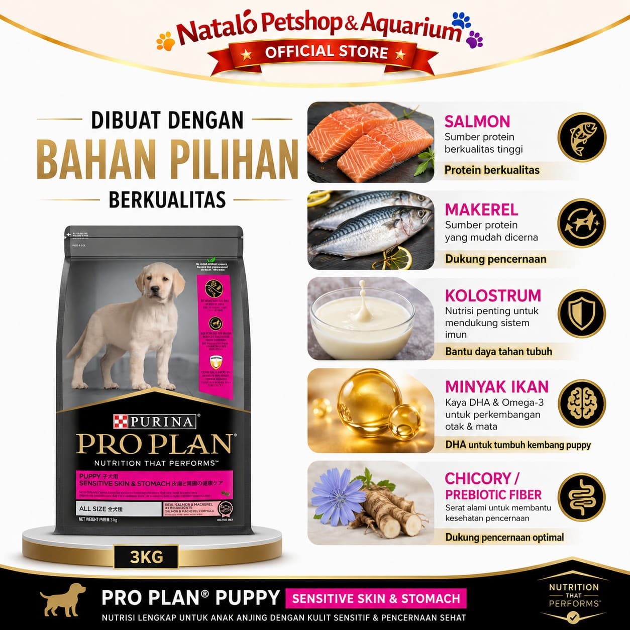 Pro Plan Dog Puppy Sensitive Skin Stomach 3KG Salmon Mackerel All Size ProPlan Makanan Anak Anjing Dry Food - gambar 4