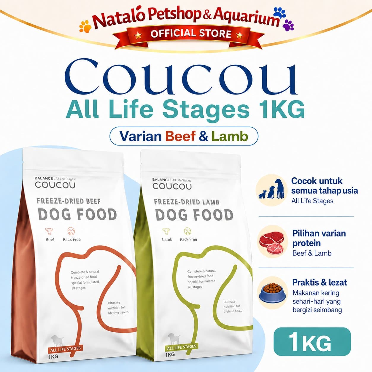COUCOU Freeze Dried Raw Dog Food Lamb / Beef 1KG All Life Stages - Makanan Anjing Kering Cou Cou Rasa Domba / Sapi Semua Umur 1 KG - gambar 1