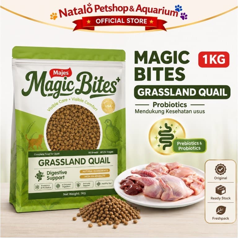 Majes Magic Bites Grassland Quail 1KG Digestive Support - Makanan Kucing Kering Kesehatan Pencernaan Sehat dengan Probiotics Probiotik - gambar 1