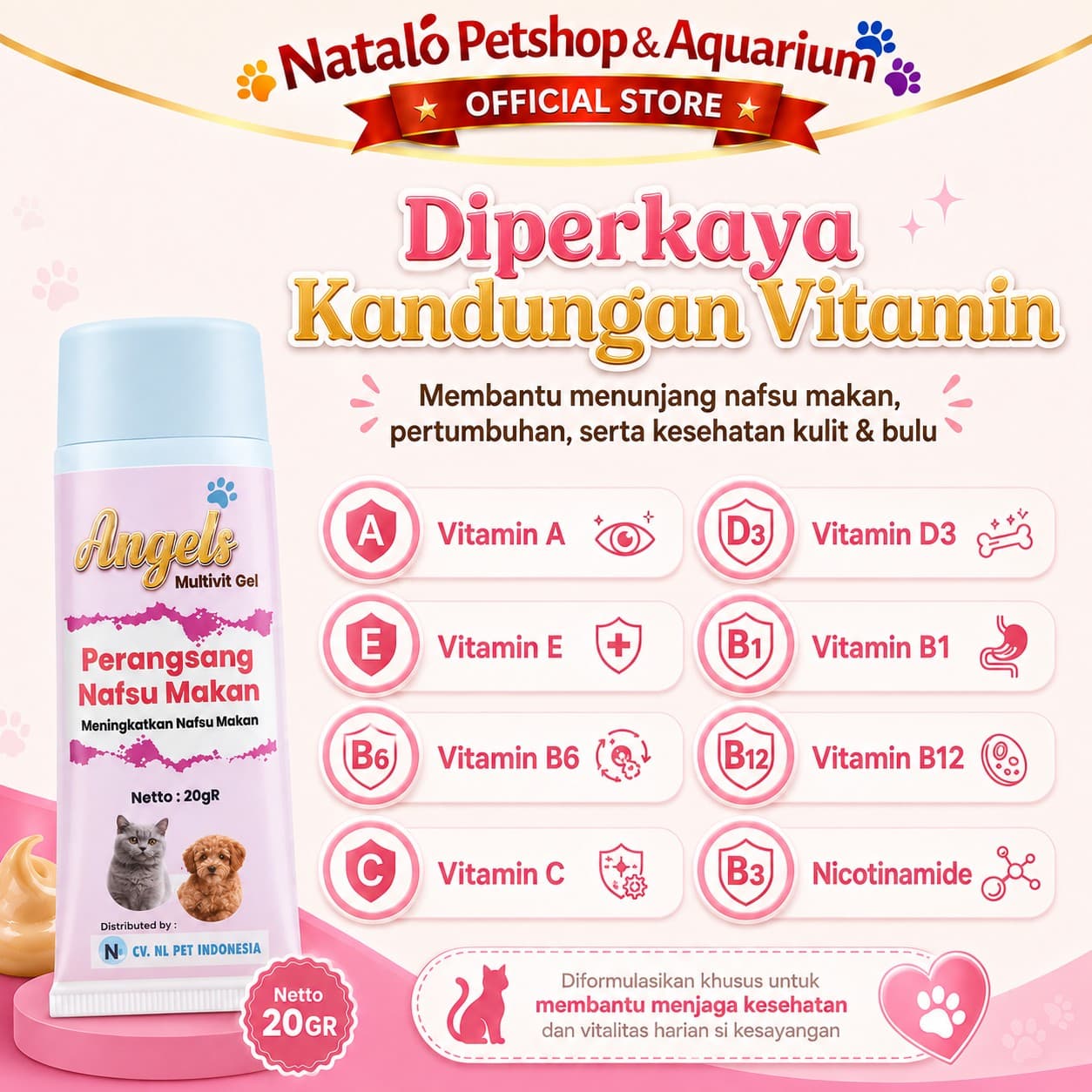 Angels Mulitivitamin Gel 20GR - Penambah Nafsu Makan - Penggemuk Badan / Perangsang Nafsu Makan Hewan Kucing Anjing Kelinci / Vitamin Odol Nutri Gel / Plus Vita / Baik untuk Kulit dan Bulu - gambar 4