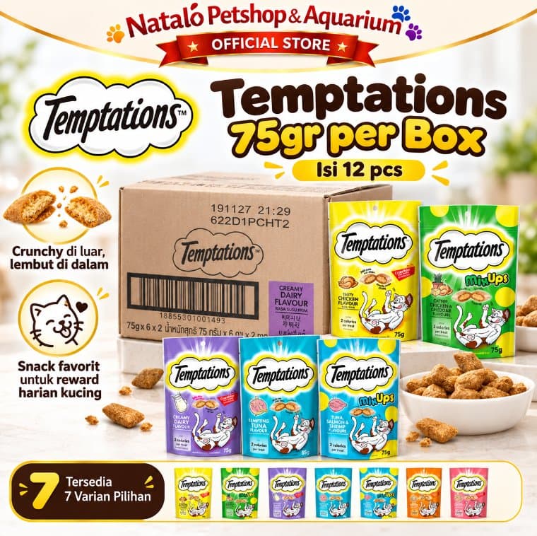 Temptations Cat Treat 75gr per Box Isi 12 Pcs Snack Kucing Crunchy Creamy Reward Treat Banyak Rasa - gambar 1