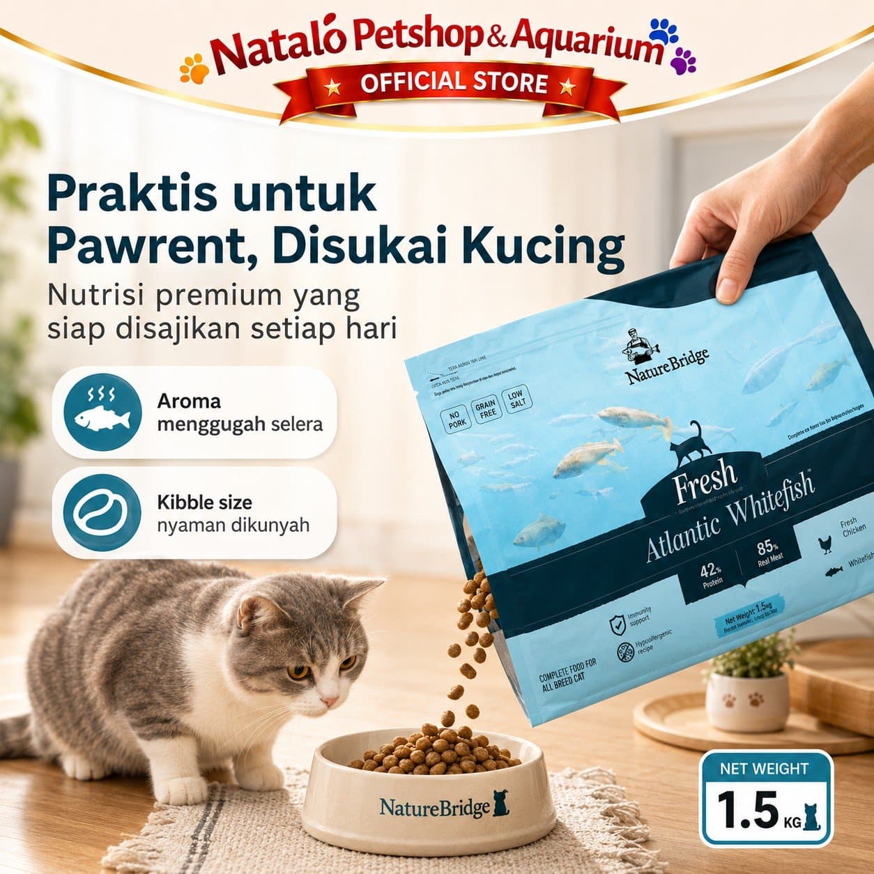 Nature Bridge Fresh Atlantic Whitefish 1.5KG All Life Stages Cat Food No Pork - Makanan Kucing Semua Umur Super Premium 1.5 KG Bebas Babi - gambar 5