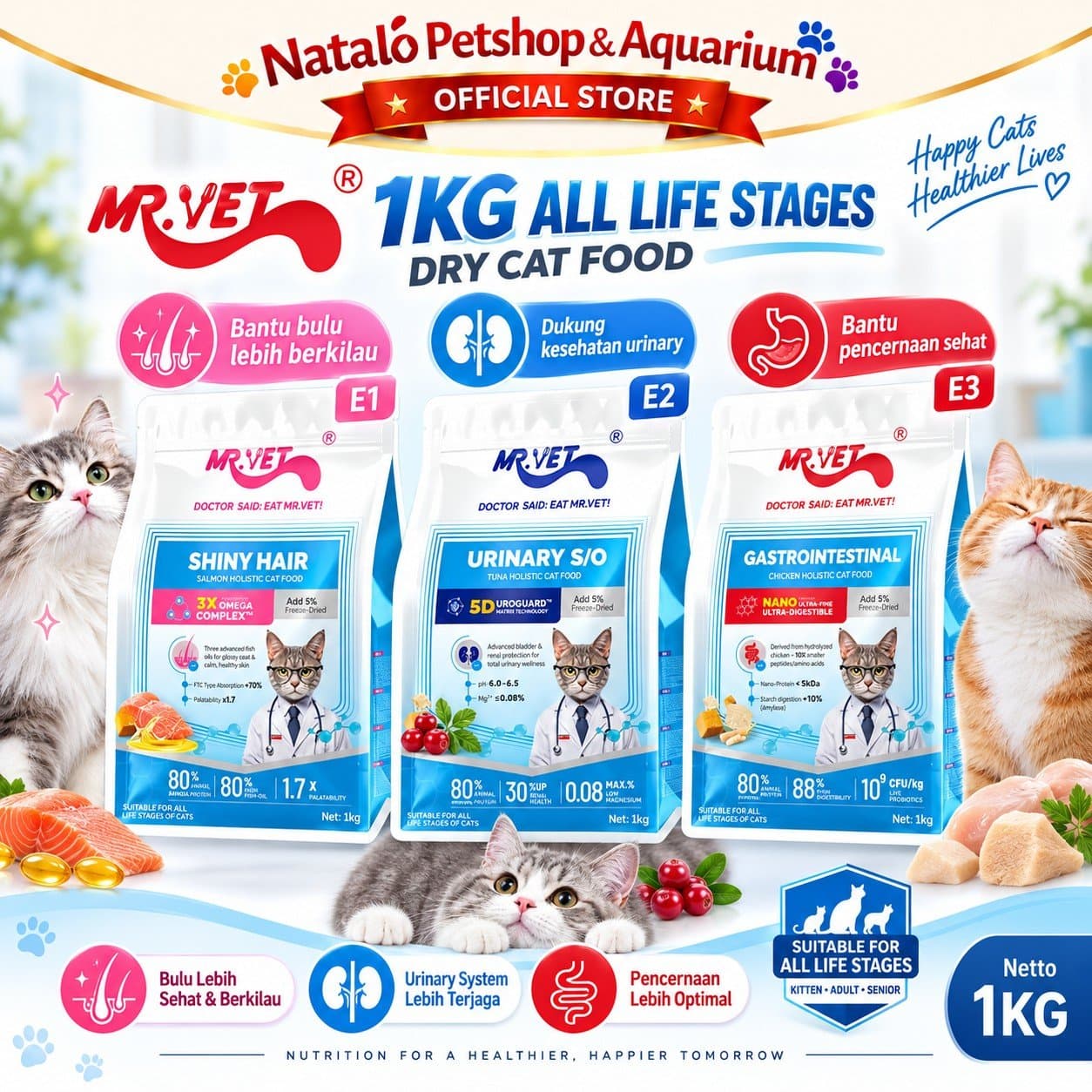 Mr. Vet E1 Shiny Hair / E2 Urinary S/O / E3 GASTROINTESTINAL 1KG Functional All Life Stages Holistic Dry Cat Food - Makanan Kucing Holistik Mr.Vet Semua Tahap Usia Fungsional 1 KG - gambar 1