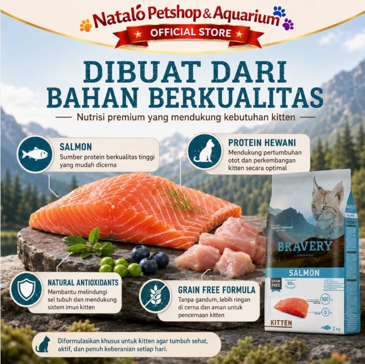 Bravery Kitten Salmon 2KG Grain & Gluten Free Super Premium Dry Cat Food Makanan Kering Anak Kucing 2 KG rasa Ikan Salmon Hypoallergenic - gambar 4