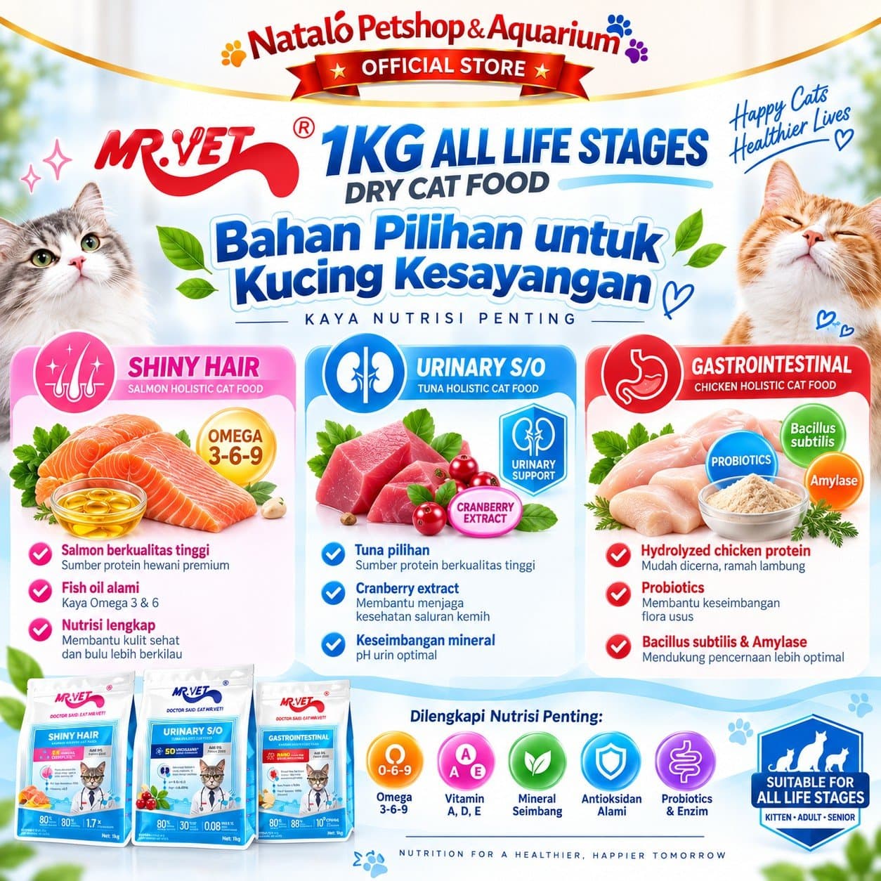 Mr. Vet E1 Shiny Hair / E2 Urinary S/O / E3 GASTROINTESTINAL 1KG Functional All Life Stages Holistic Dry Cat Food - Makanan Kucing Holistik Mr.Vet Semua Tahap Usia Fungsional 1 KG - gambar 4