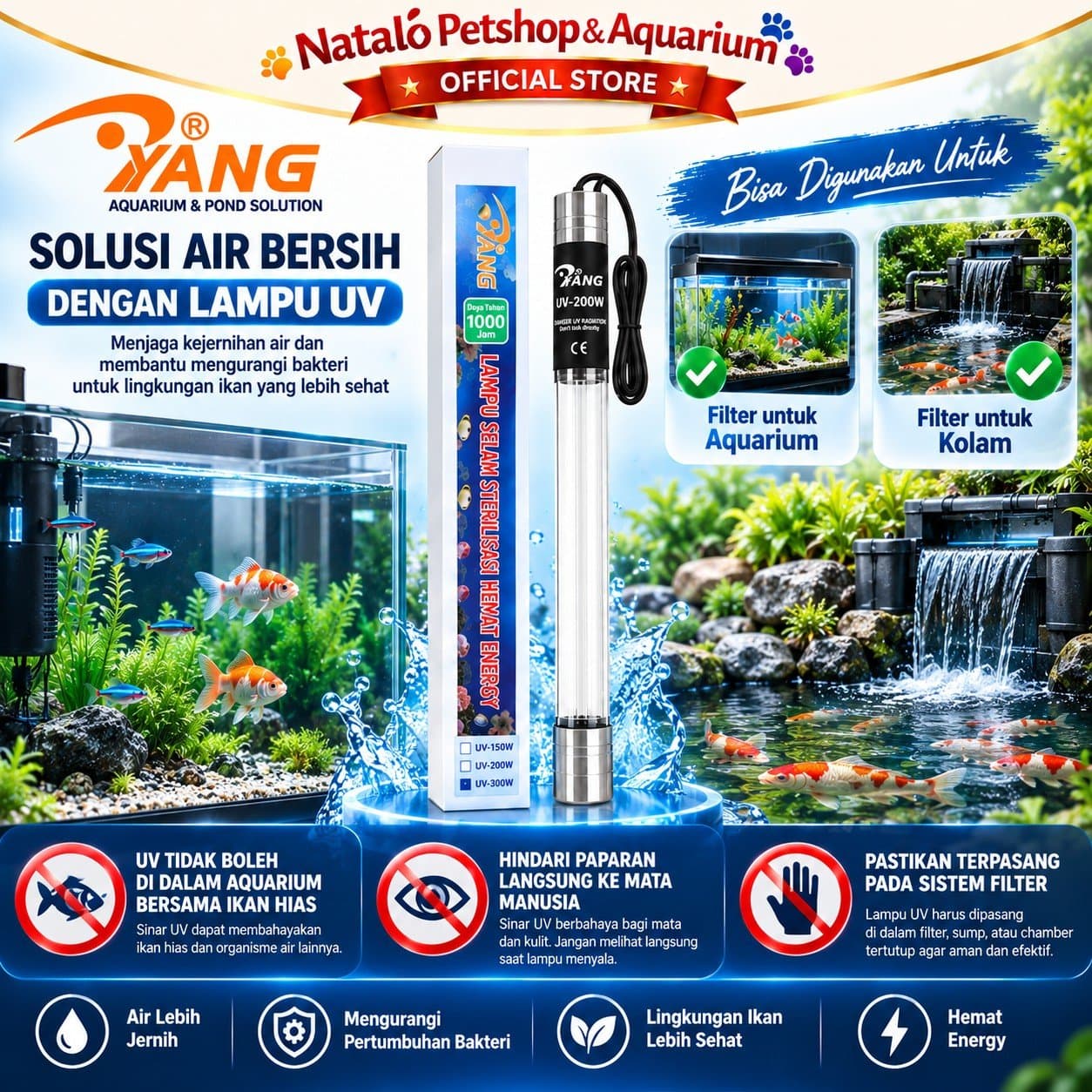 YANG Lampu UV High Watt Sterilizer Celup Kolam Koi Aquarium 150 Watt 200 Watt 300 Watt Ultraviolet Sterilisasi Air Anti Alga Air Hijau Filter Kolam Ikan - gambar 5