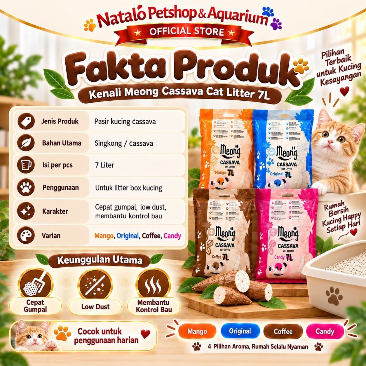 Meong Cassava Cat Litter 1 DUS (6pcs x 7LT) Pasir Kucing 7 L Singkong Organik Cepat Gumpal Low Dust Kontrol Bau Wangi Original Coffee Mango Candy - gambar 4