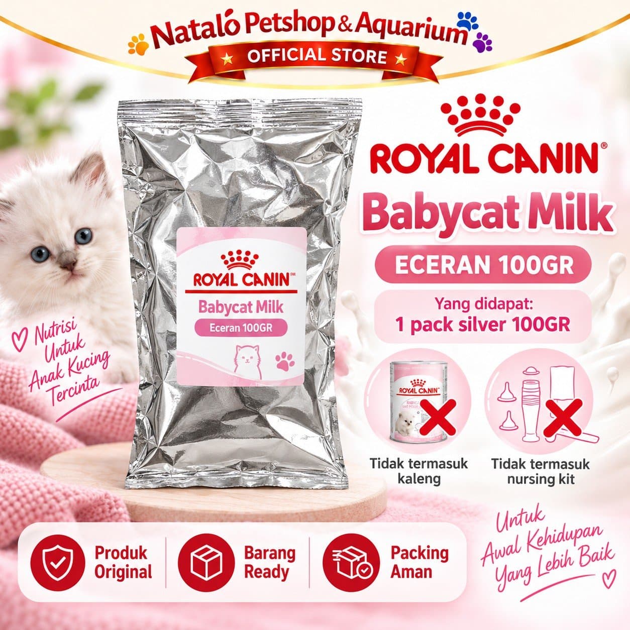 Royal Canin Babycat Milk 100 GR ECERAN Baby Cat - Susu Anak Kucing Original 1 PACK  100GR - gambar 1