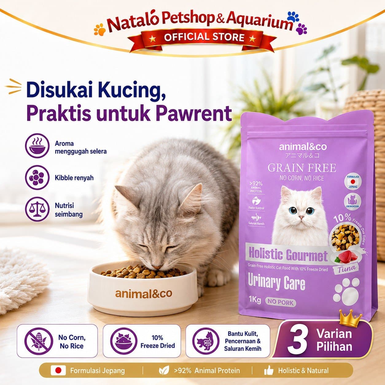 Animal&Co Holistic Gourmet 1KG Grain Free Cat Food / All Life Stages - Makanan Kucing Semua Umur - Hair & Skin / Digestive Probiotics / Urinary Care 1 KG - gambar 5