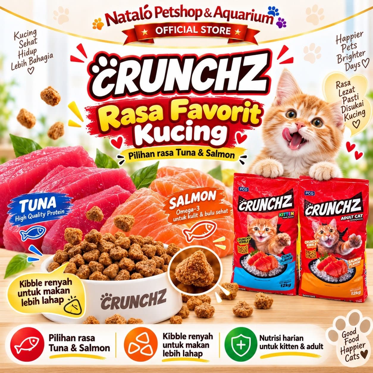 CRUNCHZ 12KG Dry Adult & Kitten Cat Food 500GR x 24 Pcs Makananan Kucing Kering Dewasa Anak Murah 12 KG Salmon Tuna 500 GR Crunch Kibble Pelet Pakan Grosir Stray - gambar 4