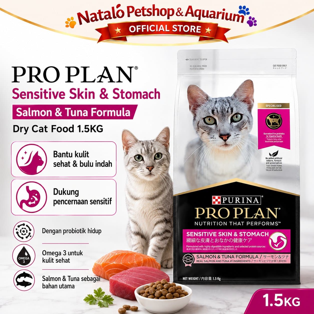 PRO PLAN Sensitive Skin & Stomach 1.5KG - Makanan Kucing Dewasa untuk Kulit dan Pencernaan Sensitif 1.5KG PROPLAN - gambar 1