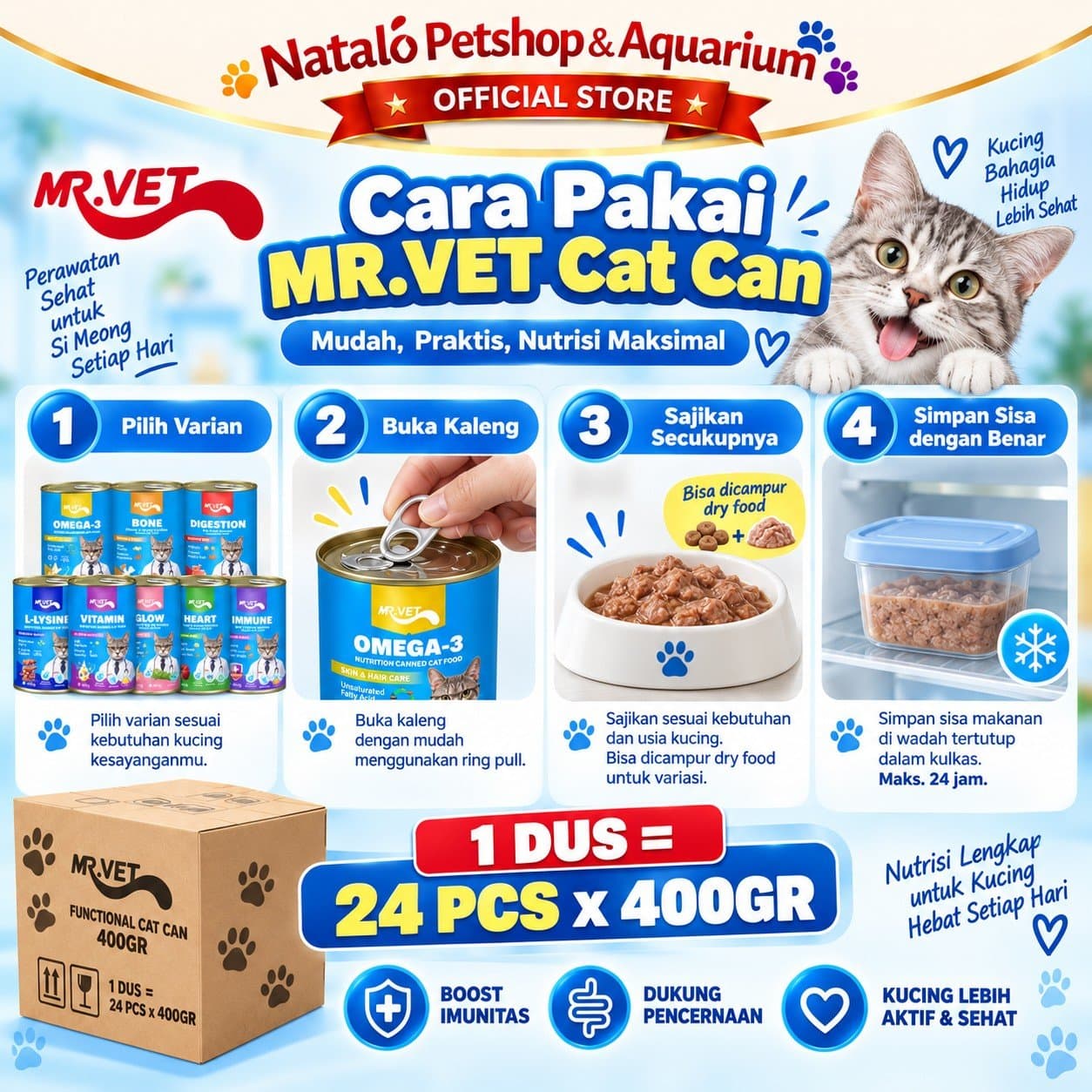 Mr. Vet Cat Can All Life Stages Functional Wet Food 1 DUS (24pcs x 400gr) - Makanan Basah Kaleng Kucing Mr.Vet Semua Tahap Usia Fungsional Kesehatan - gambar 3