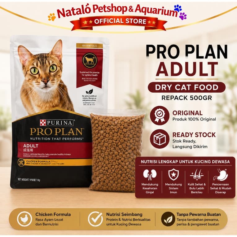 PRO PLAN Adult Chicken 500GR REPACK Dry Cat Food - Makanan Kucing Dewasa buat Gemuk Proplan Repack 500 GR - gambar 1