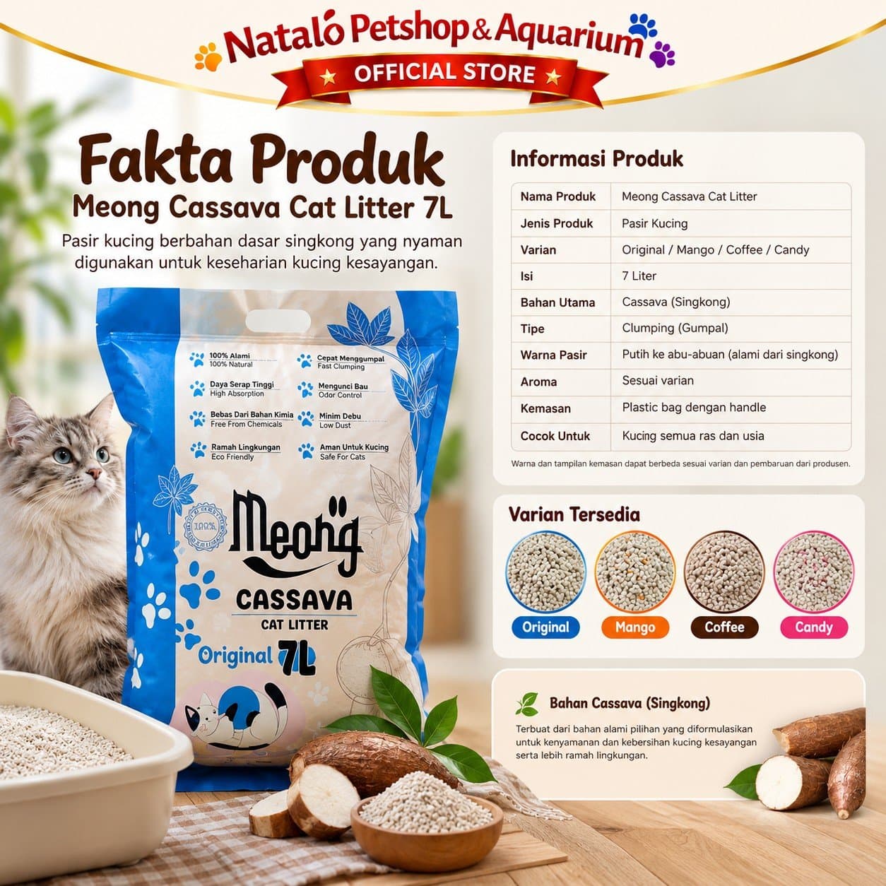 Meong Cassava Cat Litter 7L Pasir Kucing Singkong Organik Cepat Gumpal Low Dust Kontrol Bau Wangi Original Coffee Mango Candy - gambar 5