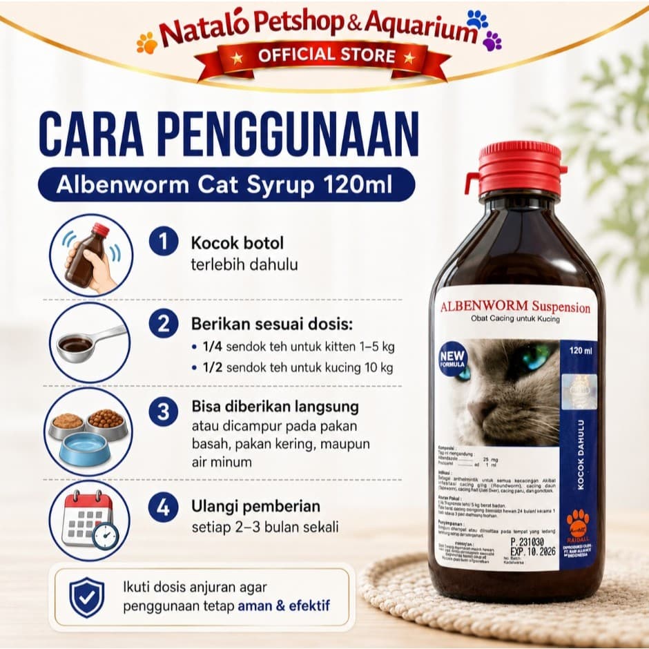 Albenworm Cat Syrup 120ML - Obat Cacing Kucing Cair Sirup Suspension 120 ML Dijamin Ampuh by Raid All Dewormer - gambar 2
