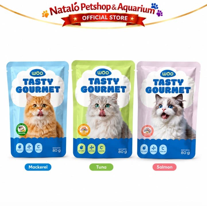 Woo Tasty Gourmet Cat Pouch 80GR Makanan Basah Kucing Rasa Salmon / Tuna / Mackerel 80 GR Wet Food Saset Sachet Daging Majes - gambar 6