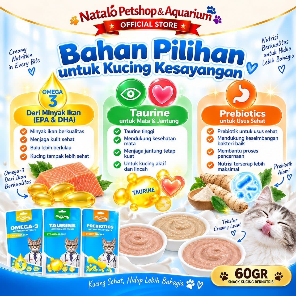 Mr. Vet Nutrition Cat Treats All Life Stages Functional Creamy Snack 60GR - Camilan Kucing Mr.Vet Semua Tahap Usia Fungsional - Omega 3, Prebiotik, dan Taurin 1pack (4x15gr) - gambar 4