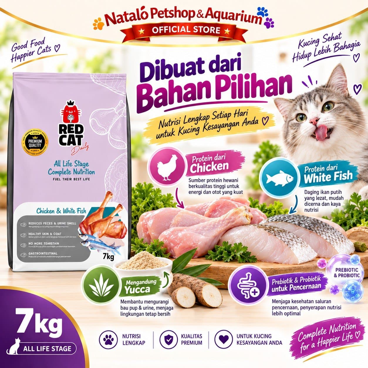 Red Cat Complete Nutrition 7KG All Life Stages Dry Cat Food Chicken & White Fish - Makanan Kucing Semua Tahap Usia / Umur 7 KG  - Premium Quality - gambar 4