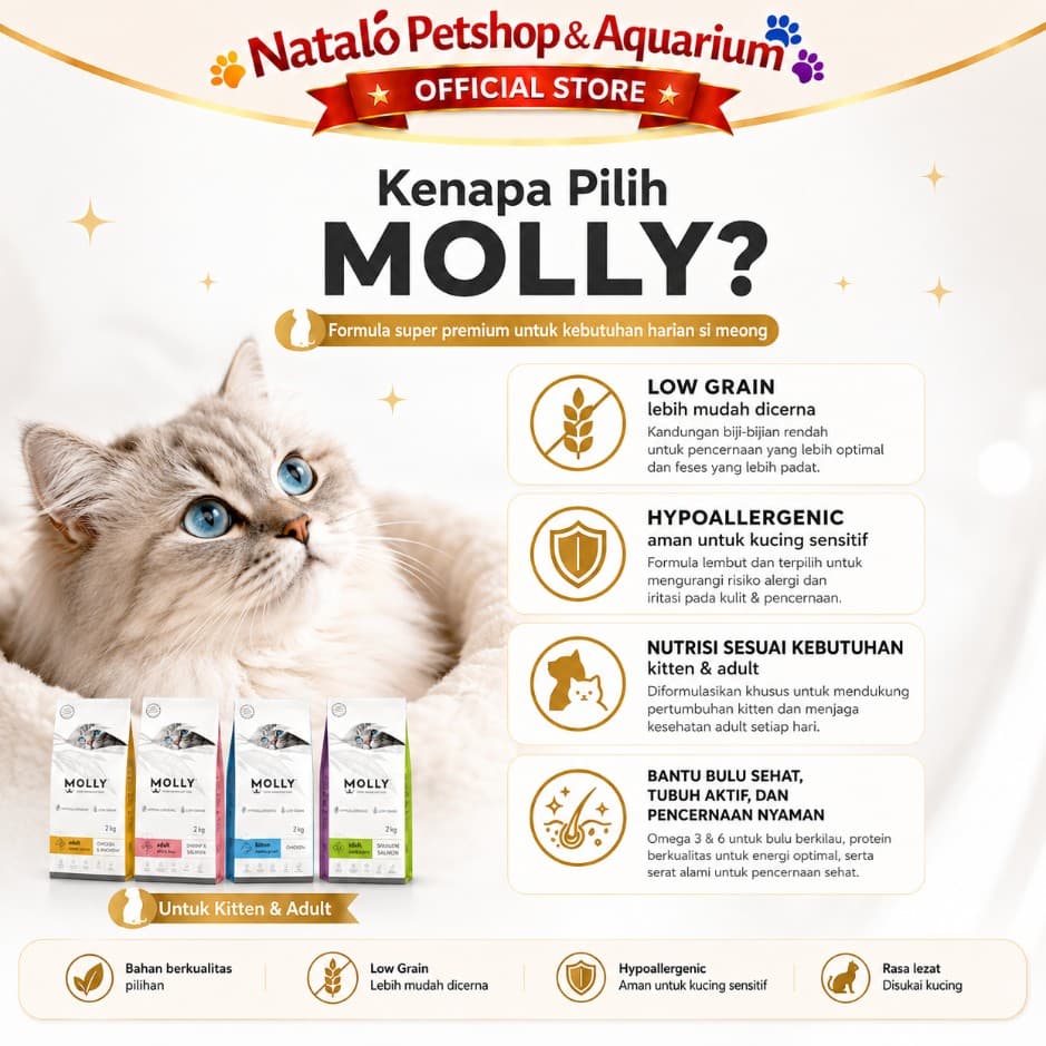 Molly Cat Food 2KG Super Premium Dry Food - Makanan Kucing Kering 2 KG Adult Kitten Chicken Salmon Lamb Urinary Mother Baby Hairball Indoor Sensitive Digestion - gambar 2