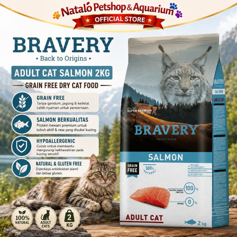 Bravery Adult Cat Salmon 2KG Makanan Kucing Dewasa Super Premium Food Pelet - gambar 1