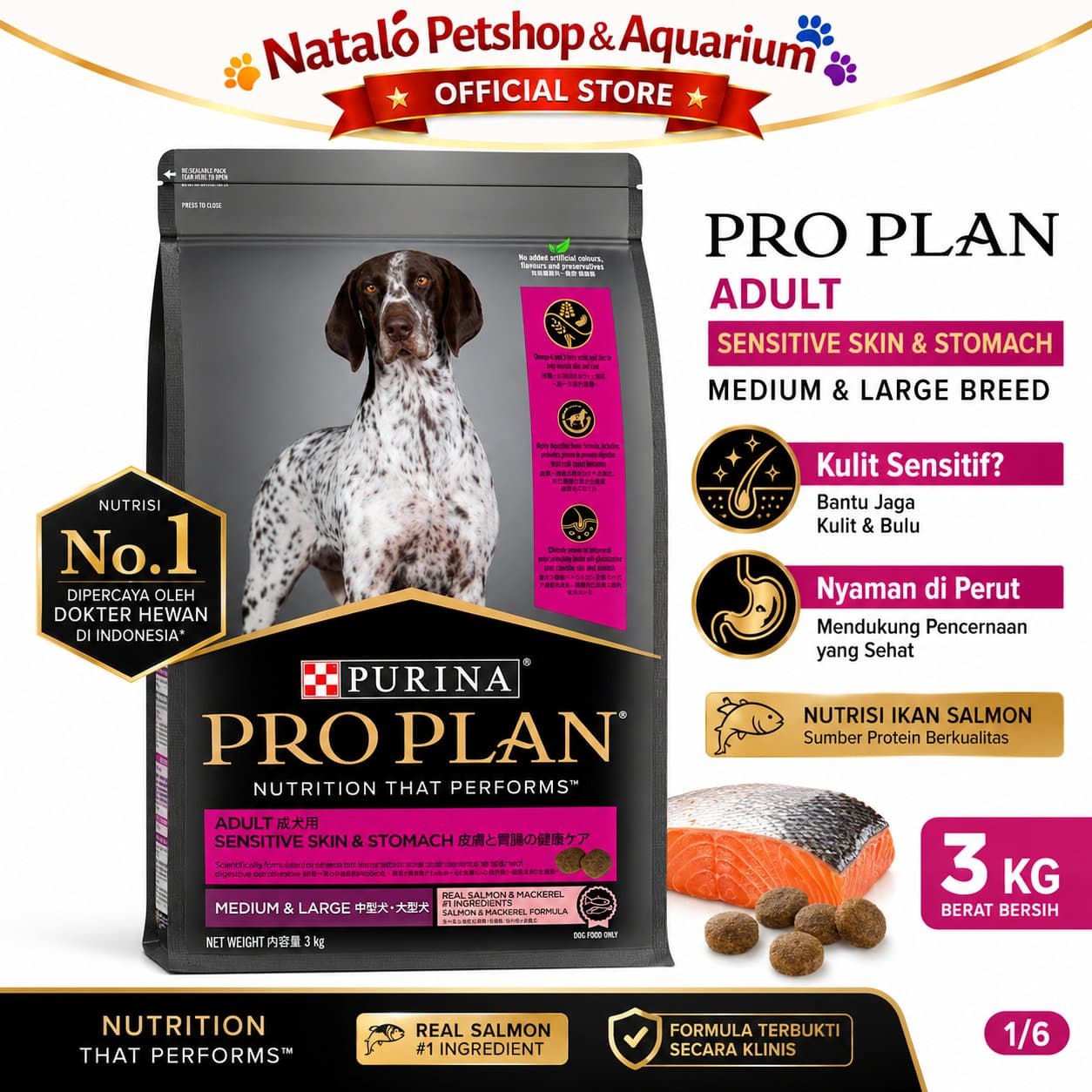 PRO PLAN Sensitive Skin Stomach 3KG Medium & Large Breed Adult Dog Food / Salmon & Mackerel Formula - Makanan Anjing Dewasa PROPLAN Ras Sedang Besar untuk Kulit dan Pencernaan 3 KG - gambar 1