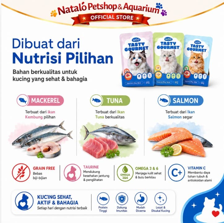Woo Tasty Gourmet Cat Pouch per BOX isi 24 pcs x 80GR  Makanan Basah Kucing Rasa Salmon / Tuna / Mackerel 80 GR Wet Food Saset Sachet Daging Majes - gambar 4