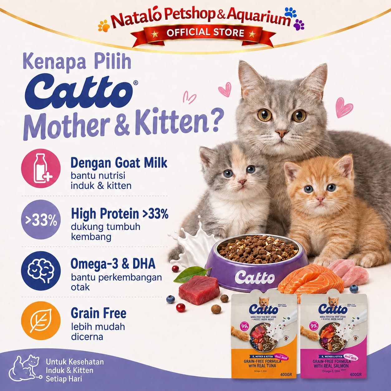 Catto High Protein Dry Mother & Kitten Cat Food + Freeze Dried Meat Grain Free Formula 400GR - Makanan Kering Anak dan Ibu Kucing Premium 400 GRAM - gambar 2