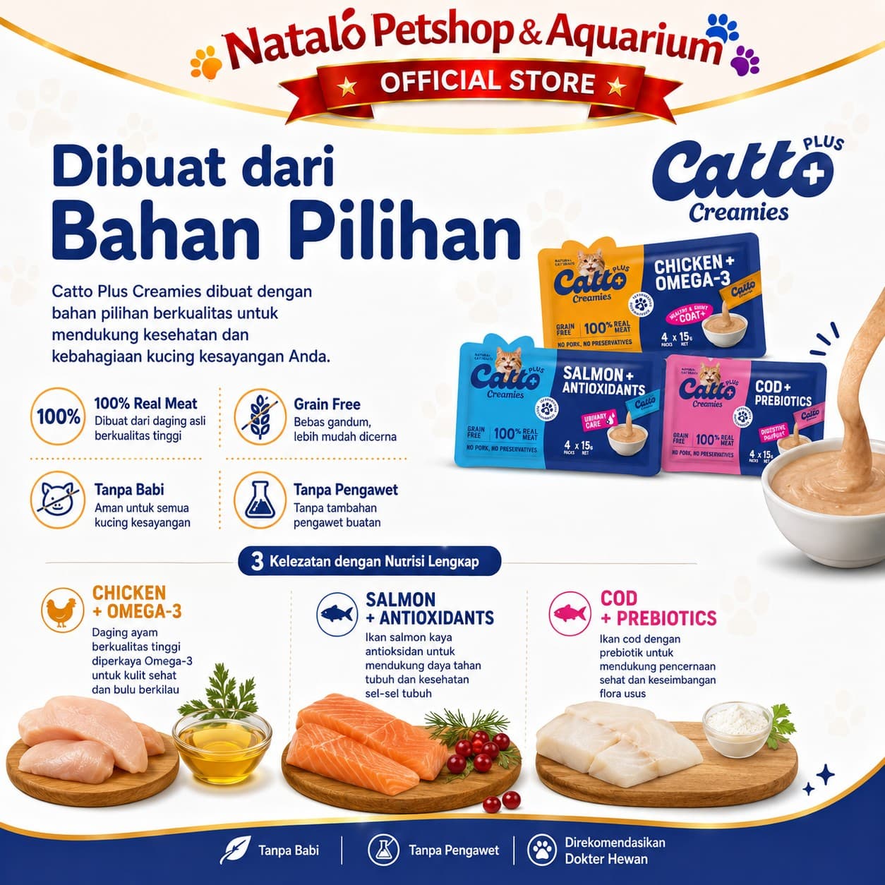Catto Plus Creamies Chicken + Omega 3 / Salmon + Antioxidant / Cod + Prebiotics 4x15gr -Snack Camilan Kucing Premium - gambar 4