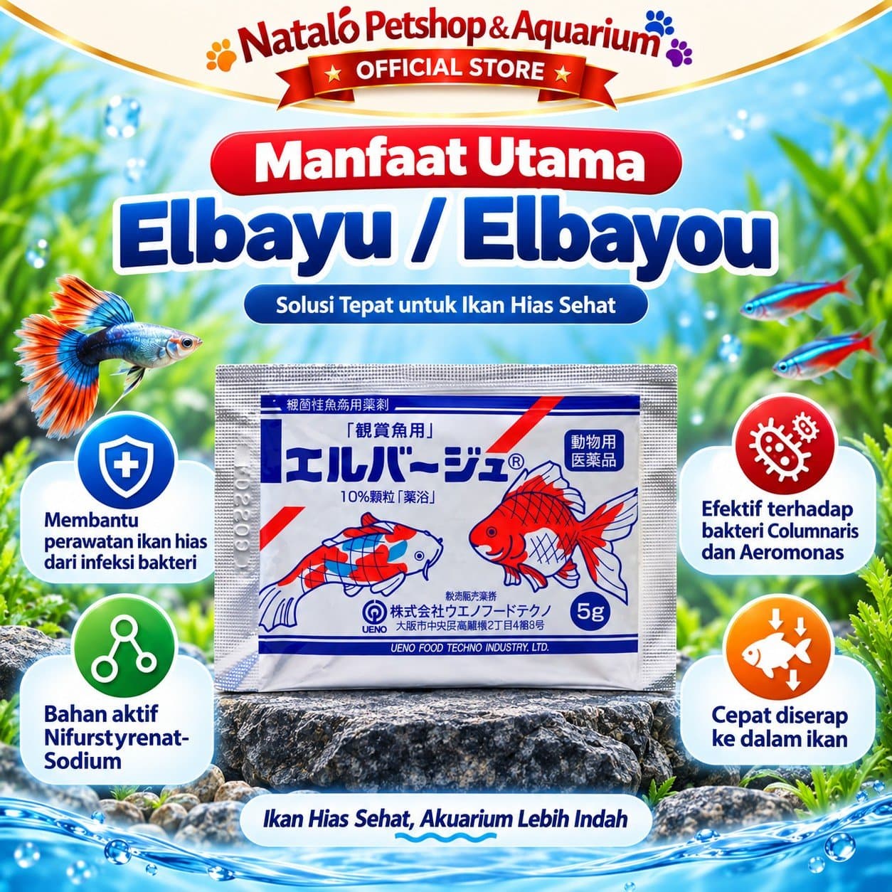 Elbayu / Elbayou 5 GR - Obat Perawatan / Karantina Ikan Hias Jepang Koi Koki Ikan Tawar 5 GRAM - gambar 4