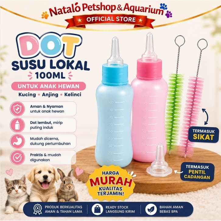 Dot Susu Lokal 100ML Anak Hewan Kucing Anjing Free Sikat & Pentil Nipple warna random - Feeding Kit for Cat Dog Pet 100 ML - gambar 1