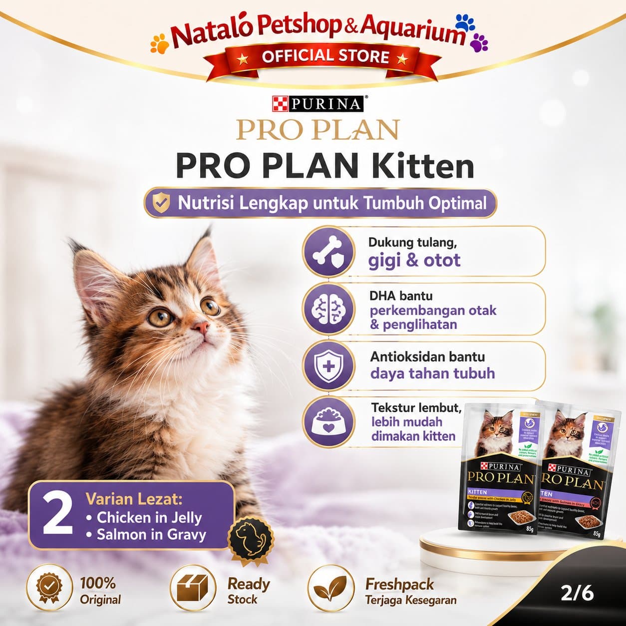 PRO PLAN Kitten Chicken Jelly / Gravy Salmon Pouch Wet Food 85GR - Makanan Basah Saset Anak Kucing 85 GR - gambar 2