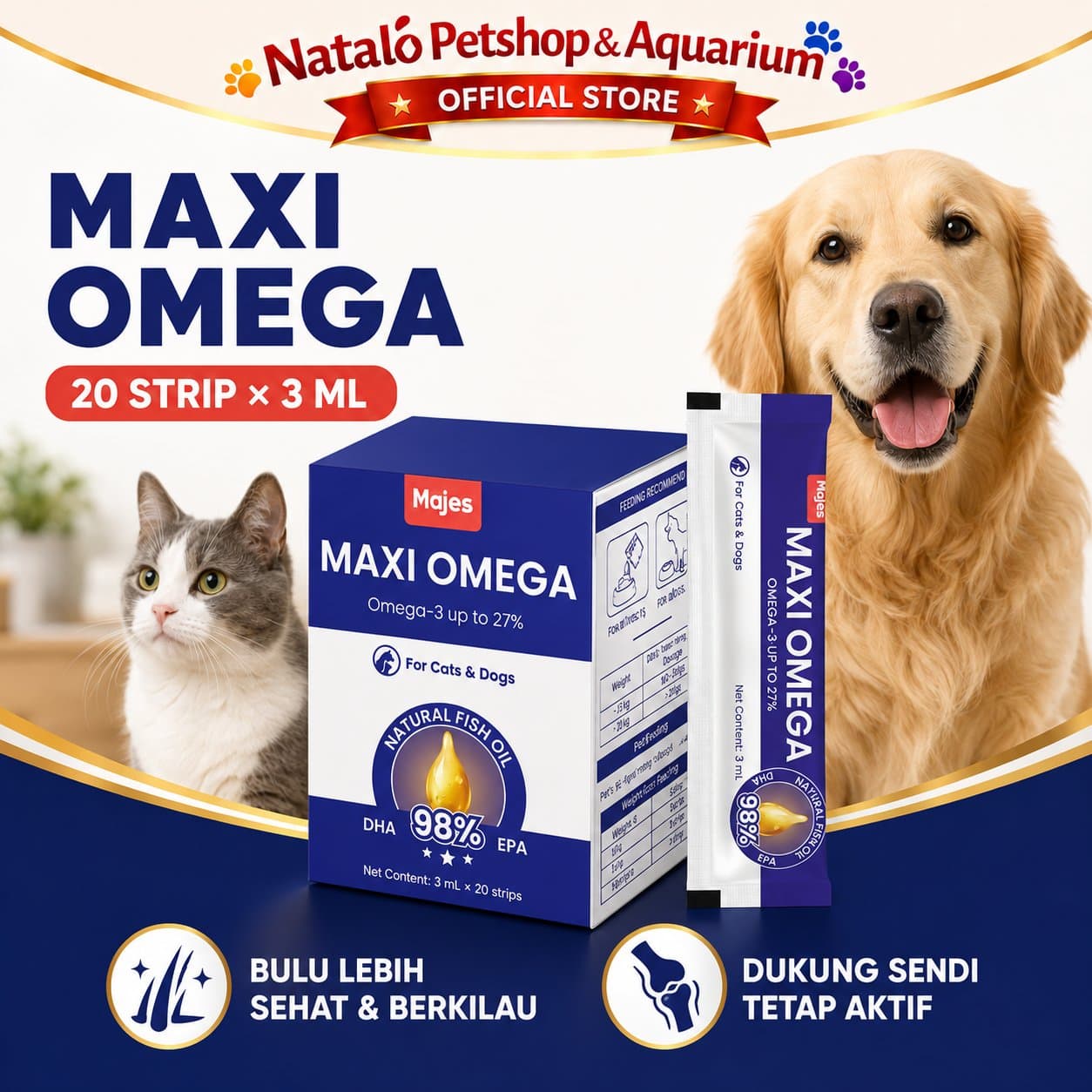 Majes Maxi Omega Natural Fish Oil Pet Supplements - Minyak Ikan Super Premium untuk Kucing dan Anjing 1box isi 20Sachet - gambar 1