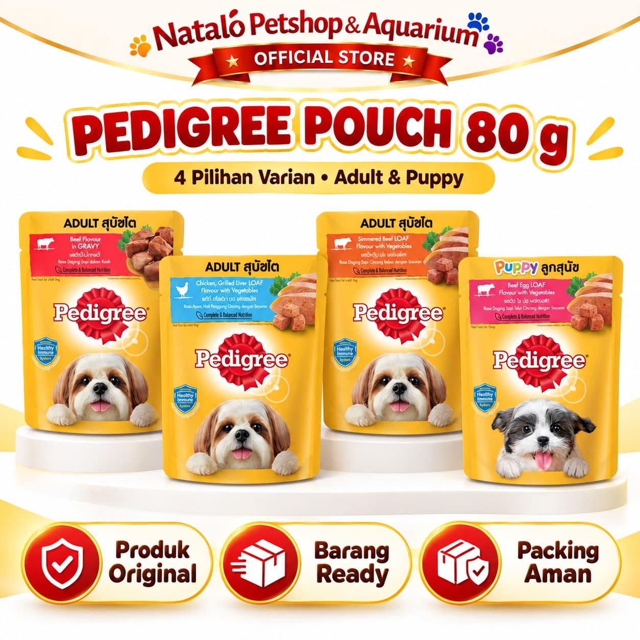 Pedigree 80GR Makanan Anjing Basah Pouch Adult & Puppy | Beef Gravy, Chicken Liver, Beef Loaf, Beef Egg | Wet Dog Food 80 GR - gambar 1
